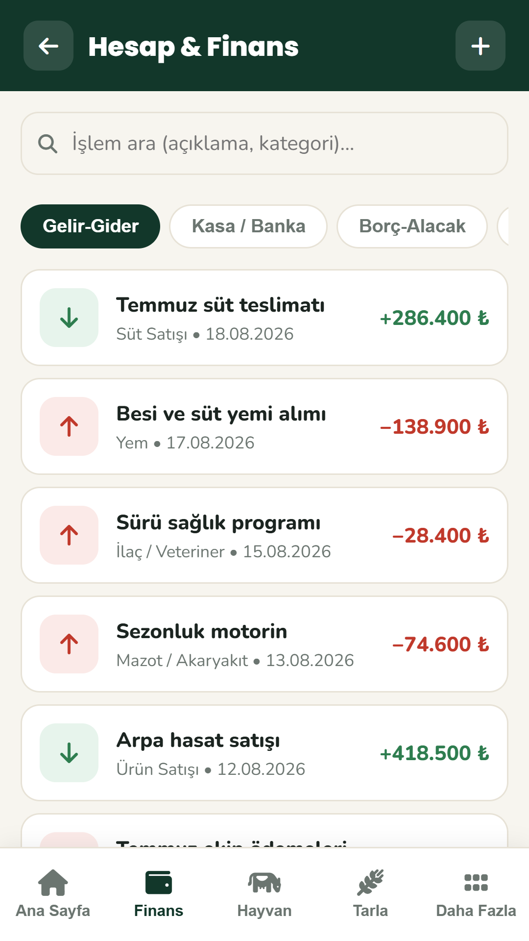 Bereket Hesap finans ekranı