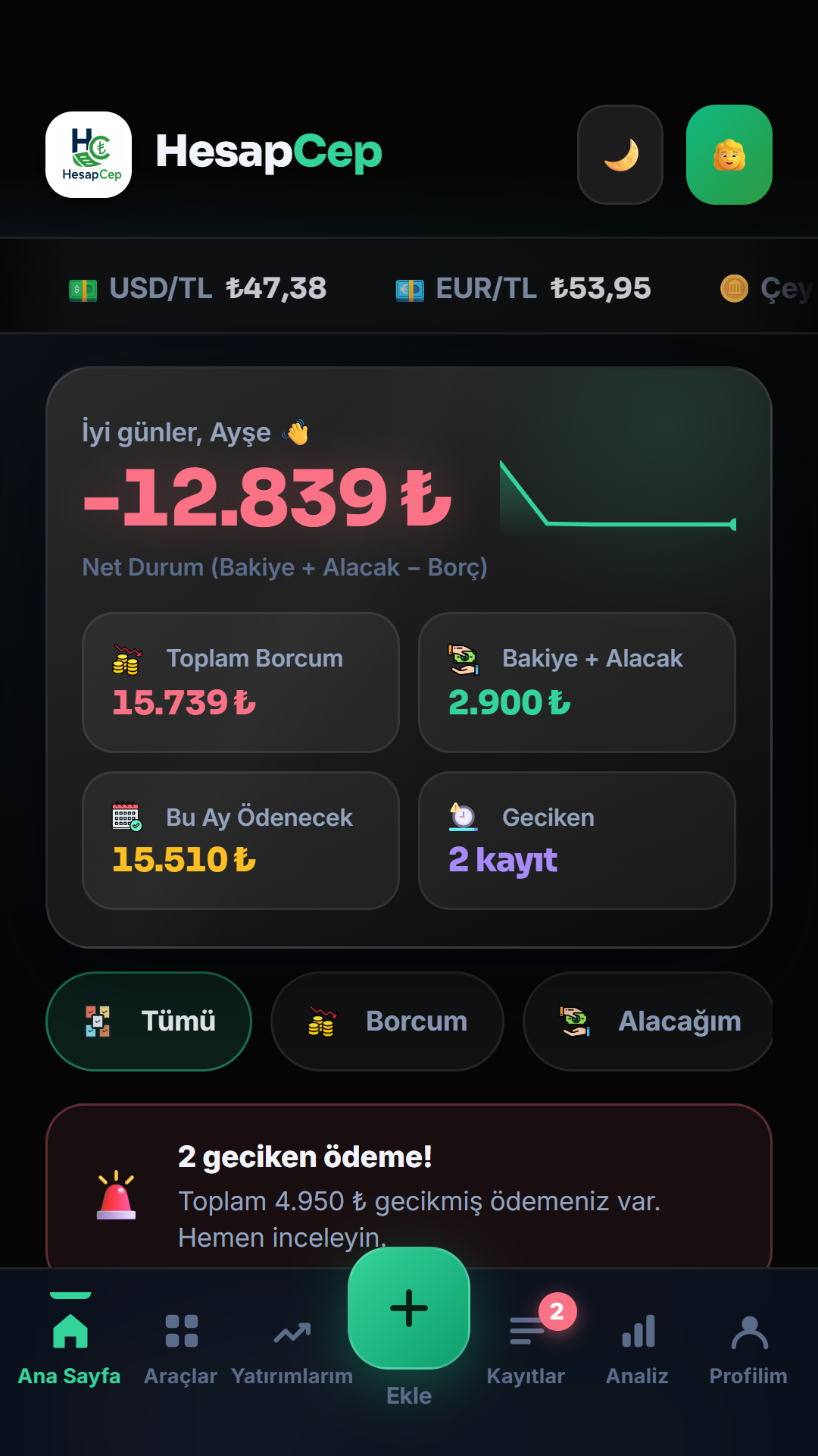 HesapCep özet paneli