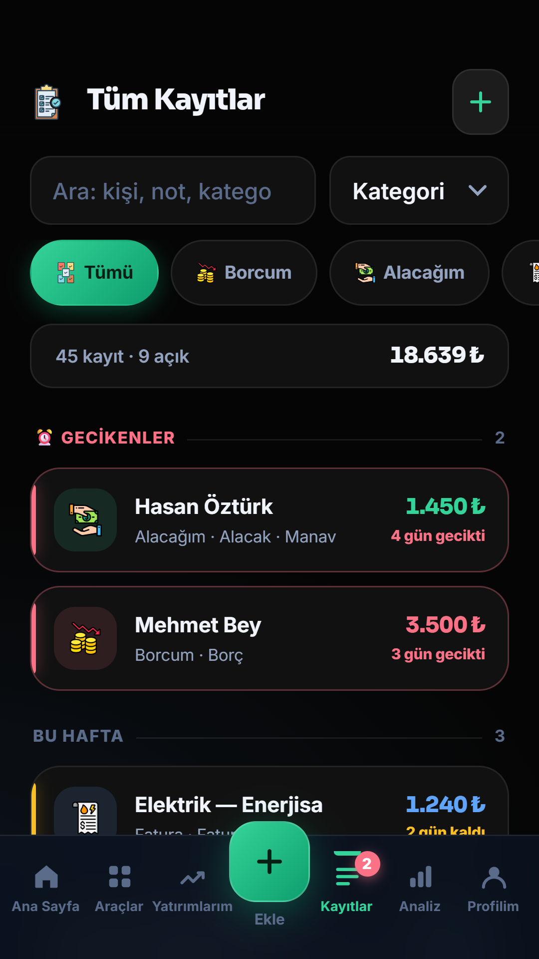 HesapCep kayıtlar ekranı