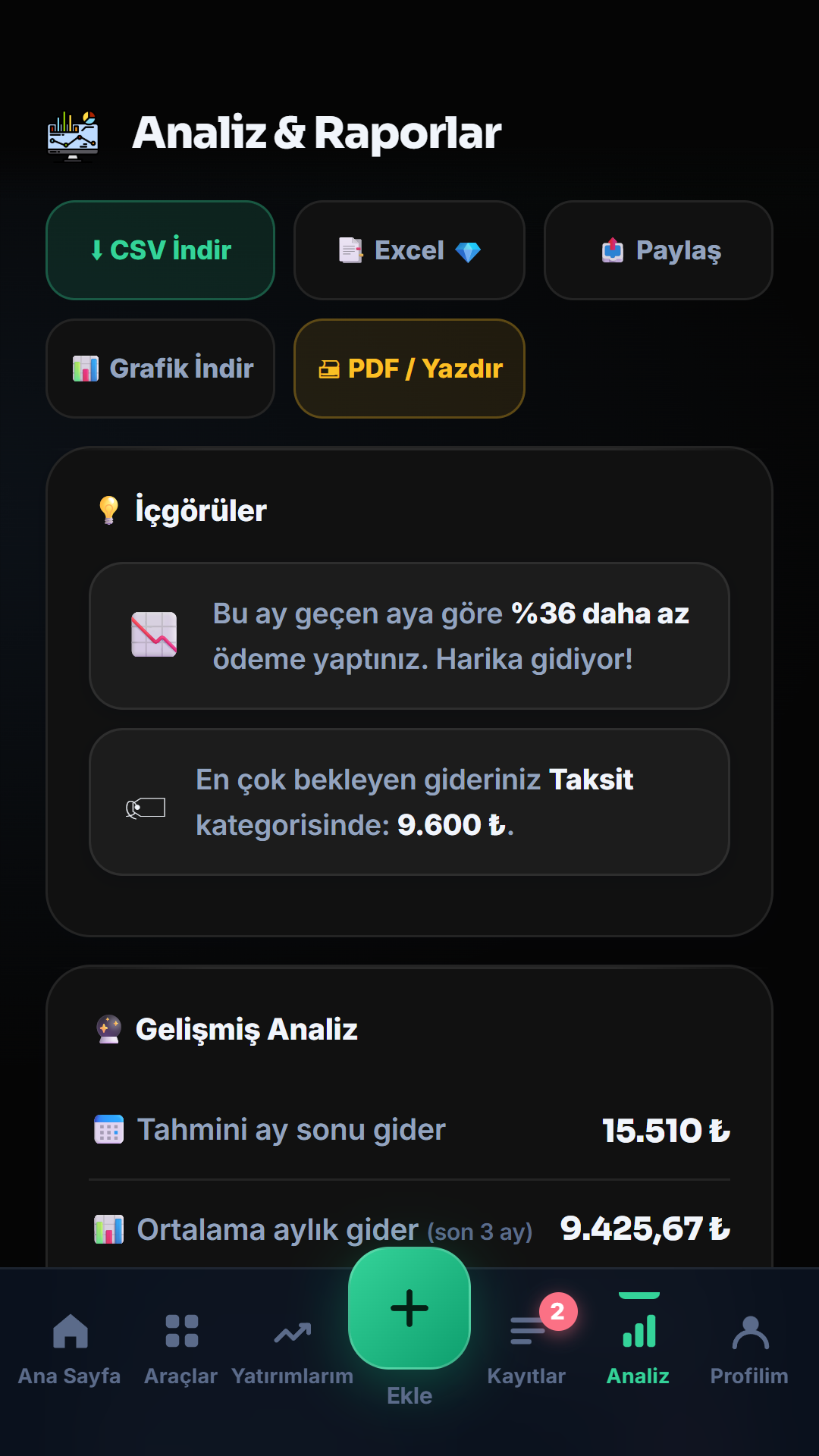 HesapCep raporlar ekranı
